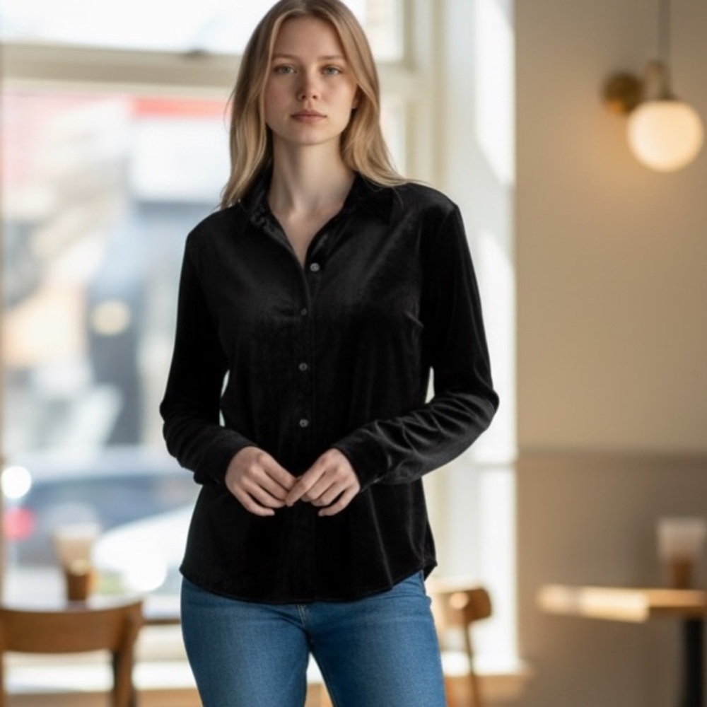 Talbots Top Black Velour Button Up Long‎ Sleeve in Size M  NWT